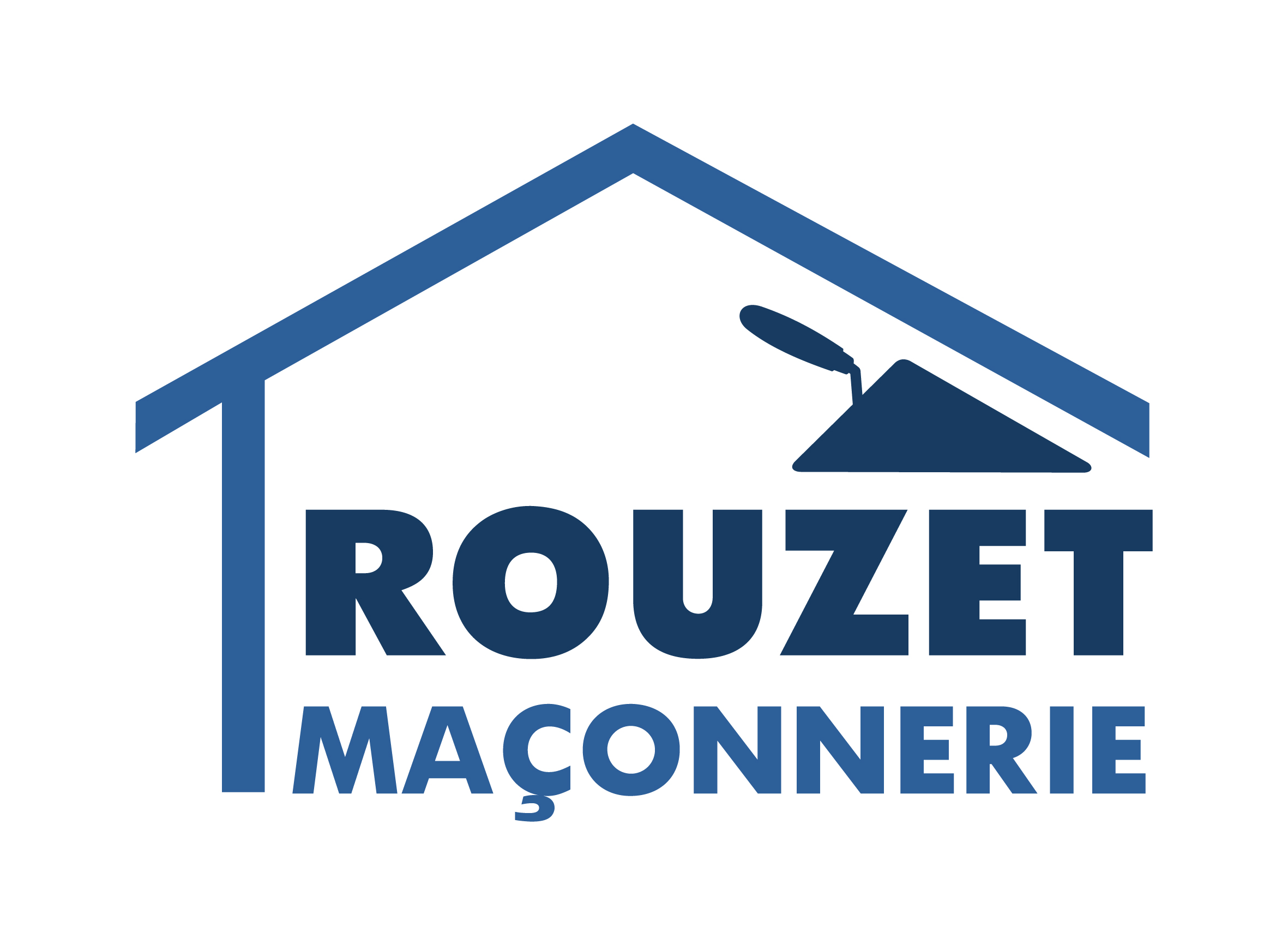 Logo de l’entreprise Rouzet Maçonnerie représentant un toit stylisé et une truelle, en bleu clair et bleu foncé sur fond blanc.